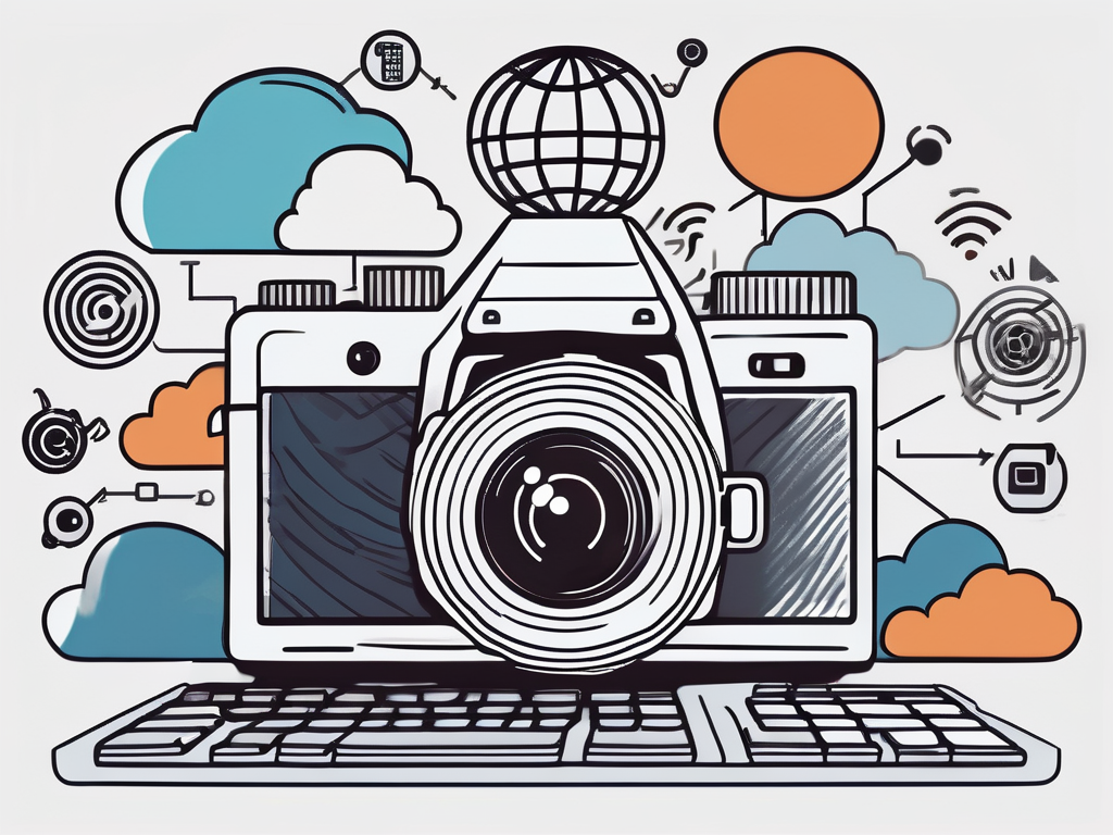 a camera on a computer keyboard, symbolizing the integration of photography and online platforms, surrounded by various digital icons like a globe, cloud, and WiFi symbol to represent the wider online world beyond social media, hand-drawn abstract illustration for a company blog, white background, professional, minimalist, clean lines, faded colors