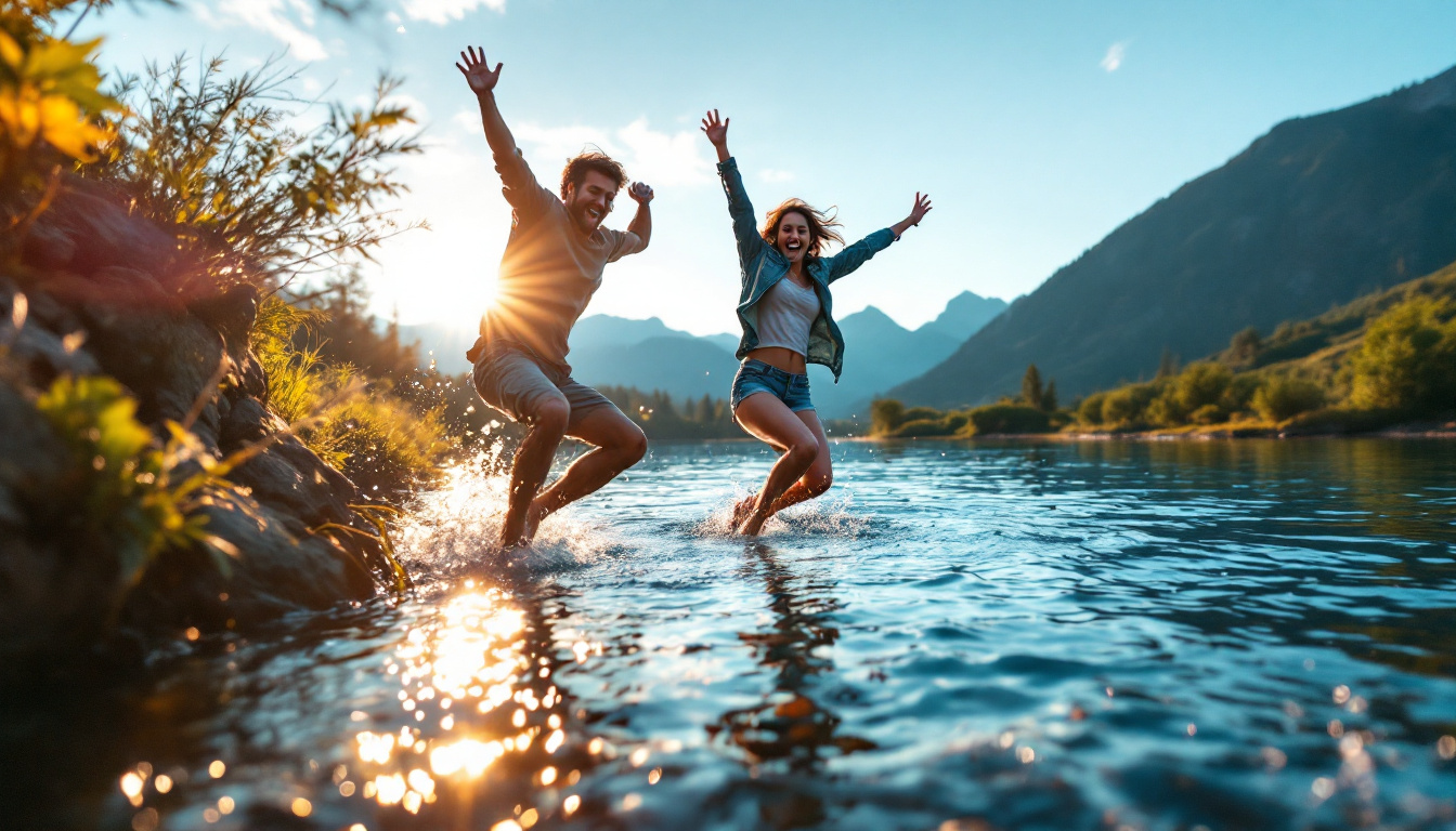 A couple jumping in a creek