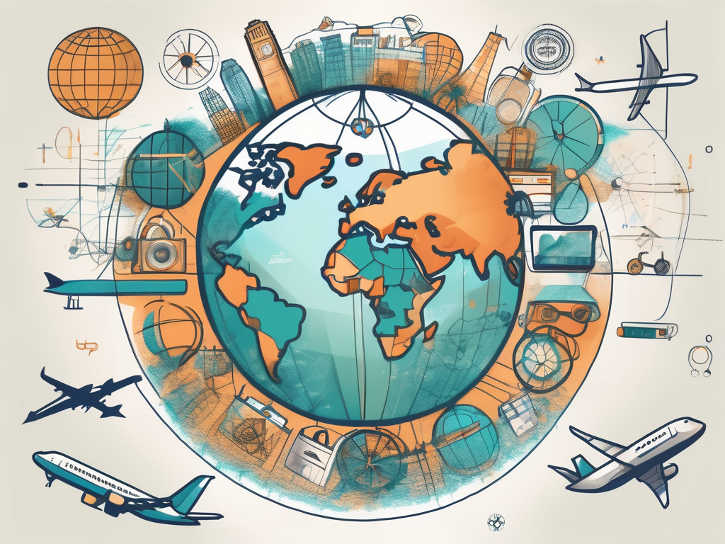 a globe surrounded by various travel icons like an airplane, a wheelchair, a hearing aid, and a guide dog, symbolizing the global travel services addressing different accessibility needs, hand-drawn abstract illustration for a company blog, white background, professional, minimalist, clean lines, faded colors