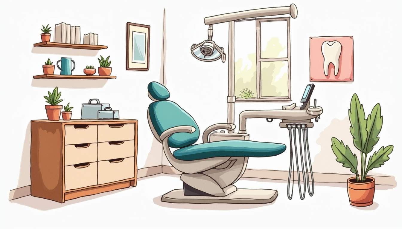 an inviting dental clinic setting featuring specialized dental tools, a comfortable dental chair, and age-friendly signage, all surrounded by elements that evoke a sense of care and comfort for older adults, hand-drawn abstract illustration for a company blog, white background, professional, minimalist, clean lines, faded colors