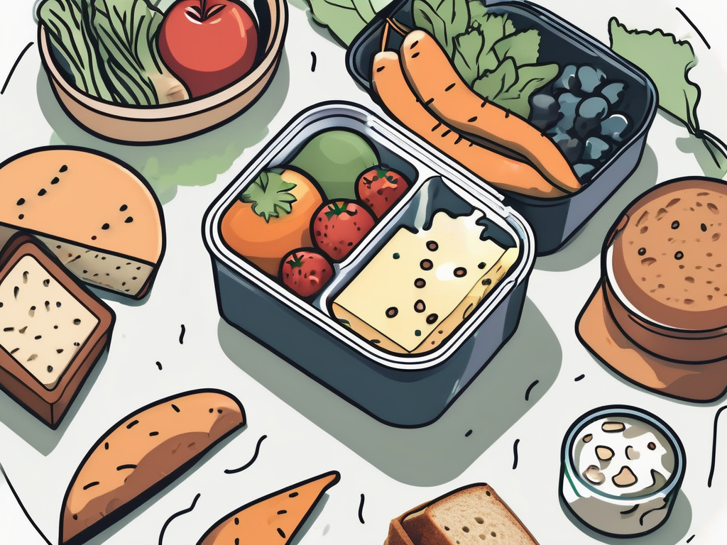a lunchbox filled with various types of food items like fruits, vegetables, gluten-free bread, and dairy-free cheese, with icons indicating common dietary restrictions such as gluten, dairy, and nut allergies, hand-drawn abstract illustration for a company blog, white background, professional, minimalist, clean lines, faded colors