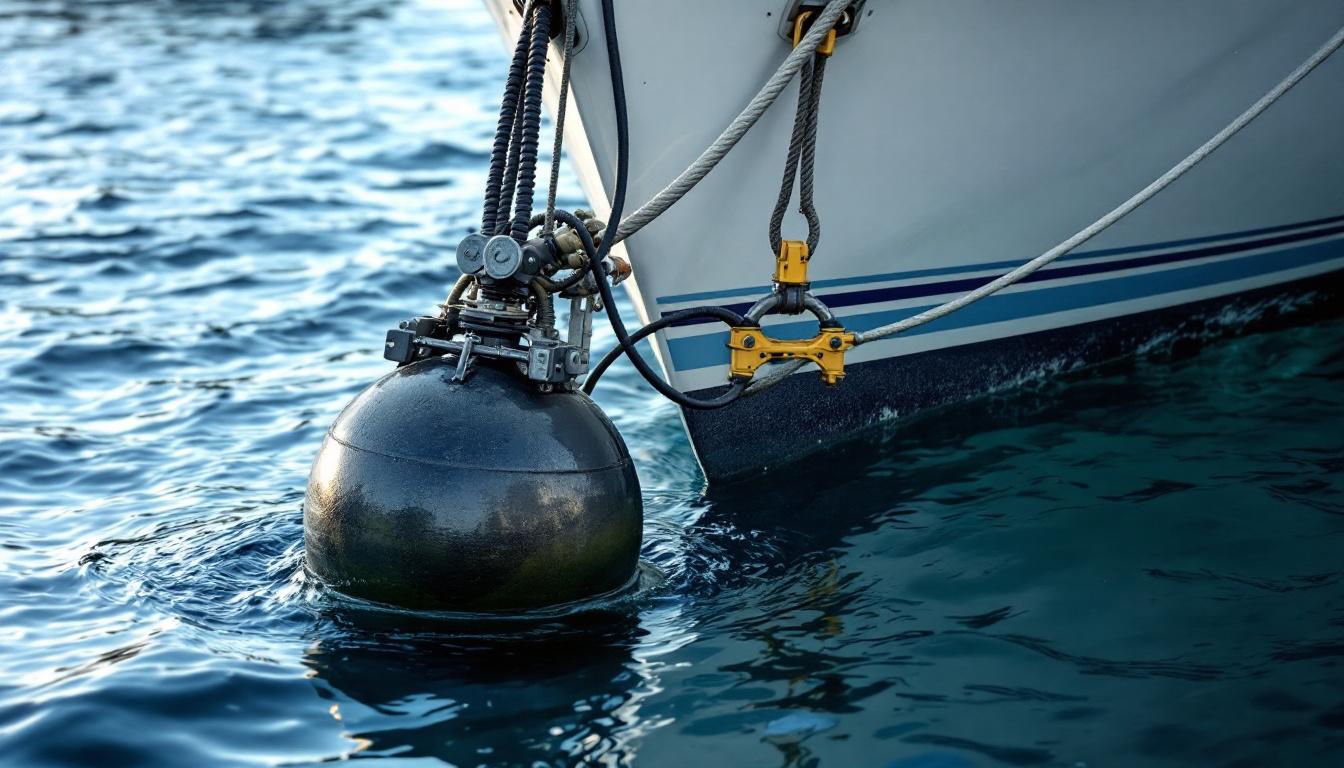 A mooring buoy attached to a vessel’s bow, showing ropes and hardware connecting the buoyancy device to the boat in calm blue water.