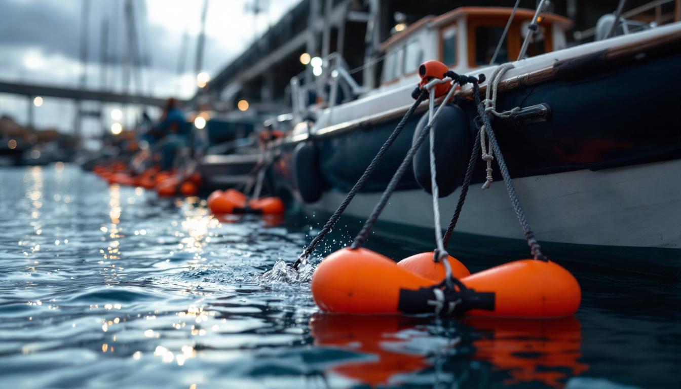 Close-up of orange mooring floats attached to boats at a marina, partially submerged and stabilizing the vessels on the water.