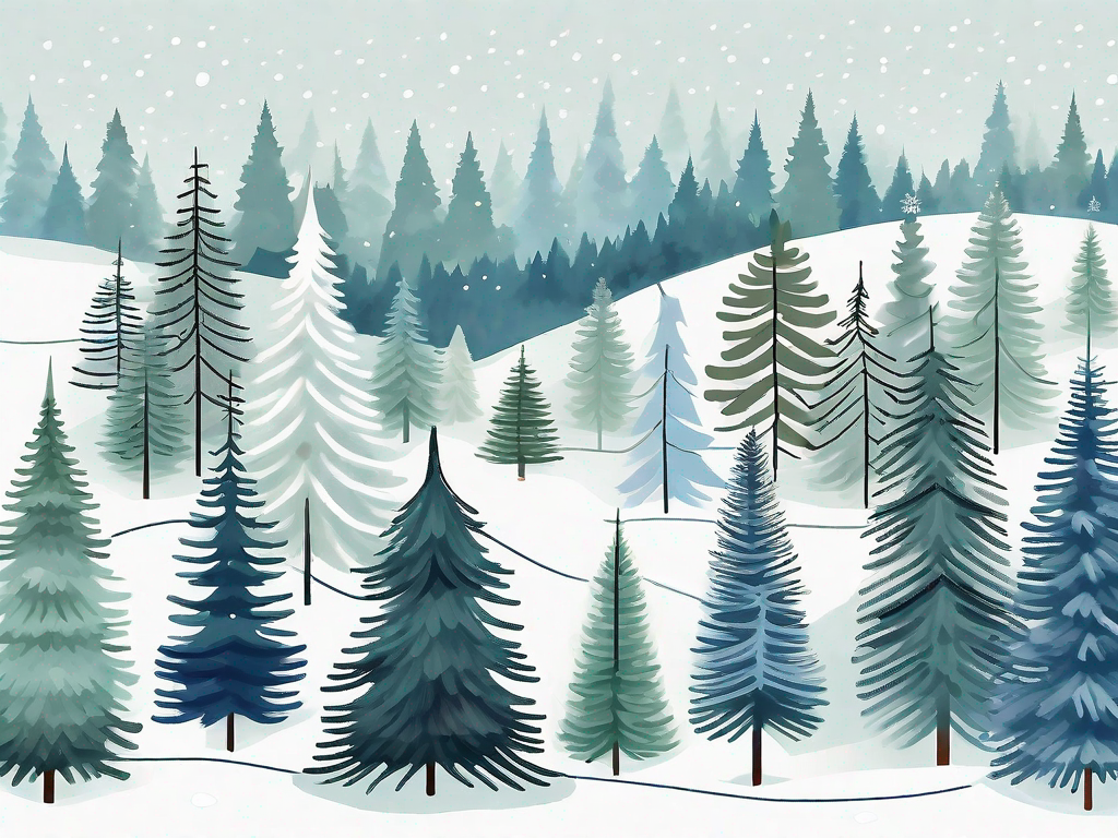 several different types of Christmas trees, such as a Fraser Fir, Balsam Fir, and Blue Spruce, each labeled with a small tag, set in a festive winter landscape, hand-drawn abstract illustration for a company blog, white background, professional, minimalist, clean lines, faded colors