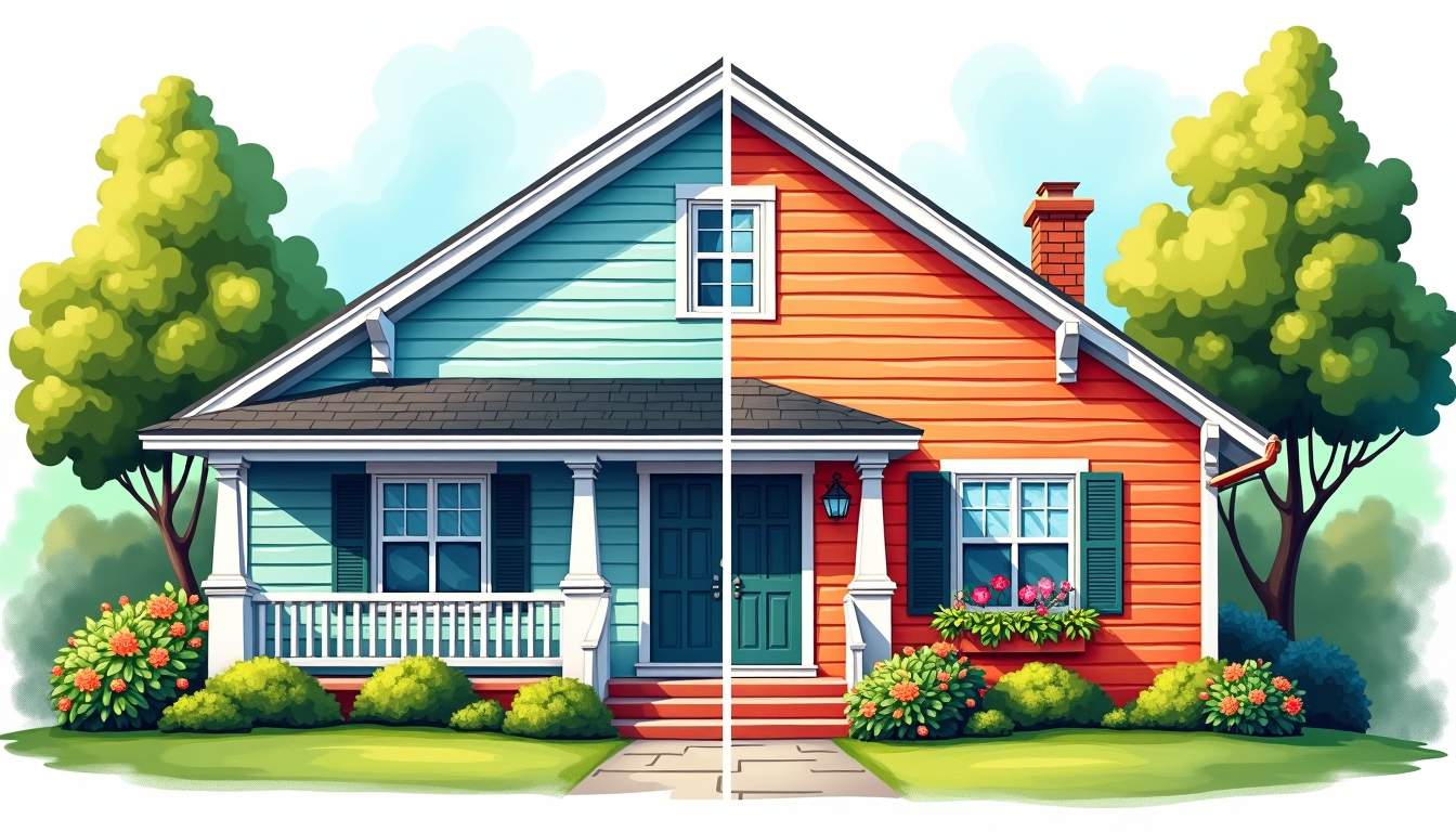an inviting home exterior with vibrant, freshly painted walls, surrounded by lush greenery and colorful flowers, showcasing a before-and-after effect to highlight the transformation and maintenance of a well-cared-for property, hand-drawn abstract illustration for a company blog, white background, professional, minimalist, clean lines, faded colors