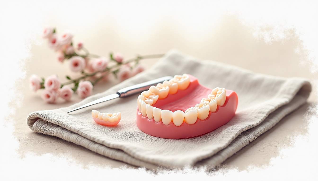 a pair of custom dentures resting on a soft, elegant cloth, with a natural backdrop of dental tools and materials that convey a sense of craftsmanship and care in the teeth replacement process, hand-drawn abstract illustration for a company blog, white background, professional, minimalist, clean lines, faded colors