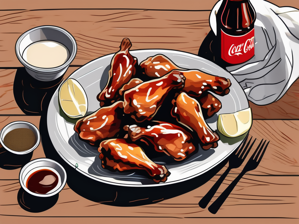 a platter of glazed chicken wings, with a bottle of Coca Cola and some ingredients like garlic, soy sauce, and ginger nearby, all set on a rustic kitchen table, hand-drawn abstract illustration for a company blog, white background, professional, minimalist, clean lines, faded colors