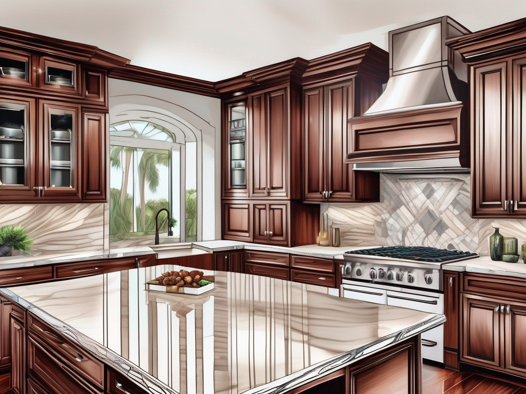 a luxurious, custom-made mahogany kitchen with high-end appliances and details, set against the backdrop of a beautiful Broward County home, hand-drawn abstract illustration for a company blog, white background, professional, minimalist, clean lines, faded colors