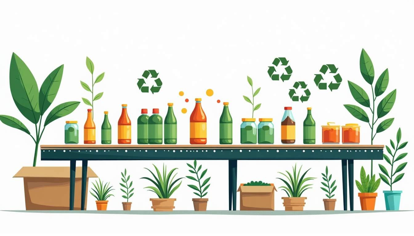an eco-friendly production line featuring vibrant, linerless labels being applied to various products, surrounded by elements that symbolize waste reduction and sustainability, such as recycling symbols, green leaves, and a clean, minimalist workspace, hand-drawn abstract illustration for a company blog, white background, professional, minimalist, clean lines, faded colors