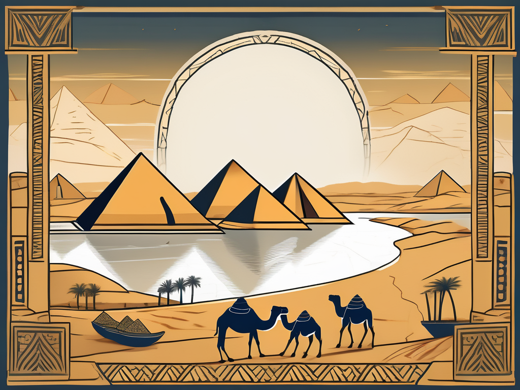 an ancient Egyptian landscape featuring the Nile River, pyramids in the distance, and prominent trade routes marked by camel caravans, with various goods like spices, gold, and pottery scattered along the way, hand-drawn abstract illustration for a company blog, white background, professional, minimalist, clean lines, faded colors