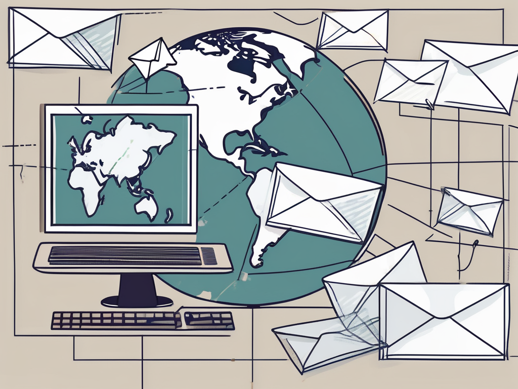 a computer screen displaying various automated processes, with envelopes (symbolizing emails) being sent out to different points on a globe (symbolizing a global marketing campaign), hand-drawn abstract illustration for a company blog, white background, professional, minimalist, clean lines, faded colors