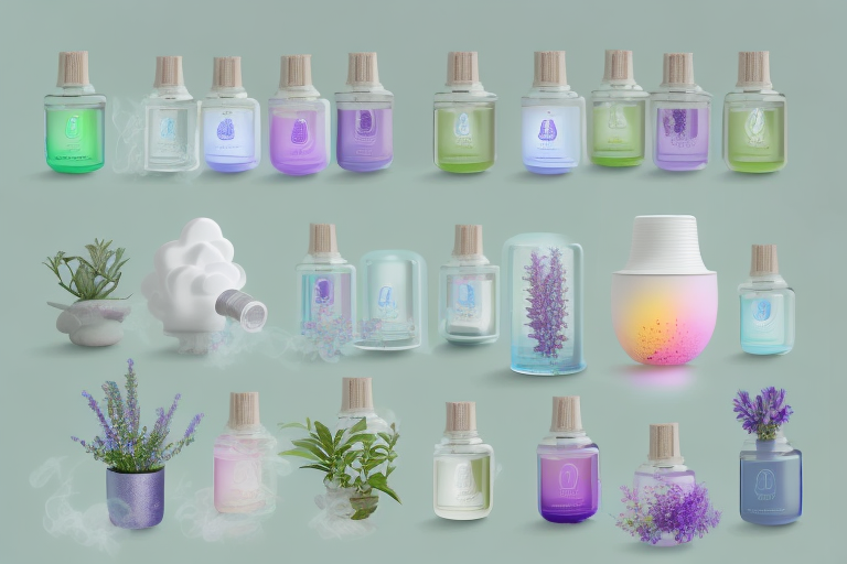 a Scentsy diffuser in a cozy home setting, emitting a soft, colorful mist, surrounded by various essential oil bottles, and elements of nature like plants or flowers to signify aromatherapy, hand-drawn abstract illustration for a company blog, in style of corporate memphis, faded colors, white background, professional, minimalist, clean lines