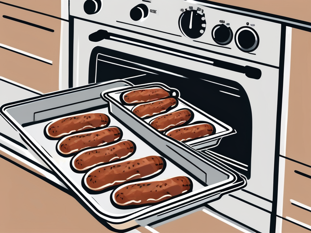 Esposito's breakfast sausage links arranged on a baking tray placed inside an open oven, with a kitchen timer and an oven mitt nearby, hand-drawn abstract illustration for a company blog, white background, professional, minimalist, clean lines, faded colors