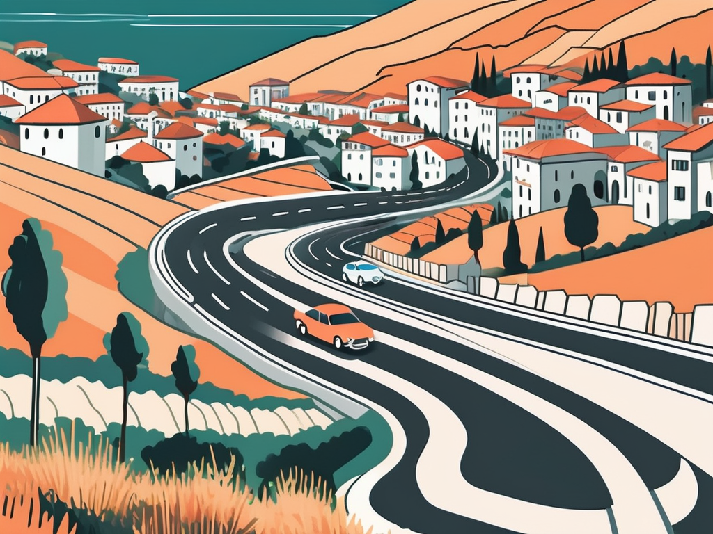 a picturesque Albanian landscape with a variety of cars driving on a winding road, highlighting a few key landmarks like the Albanian Riviera and the historic city of Berat, all under a clear, sunny sky, hand-drawn abstract illustration for a company blog, white background, professional, minimalist, clean lines, faded colors