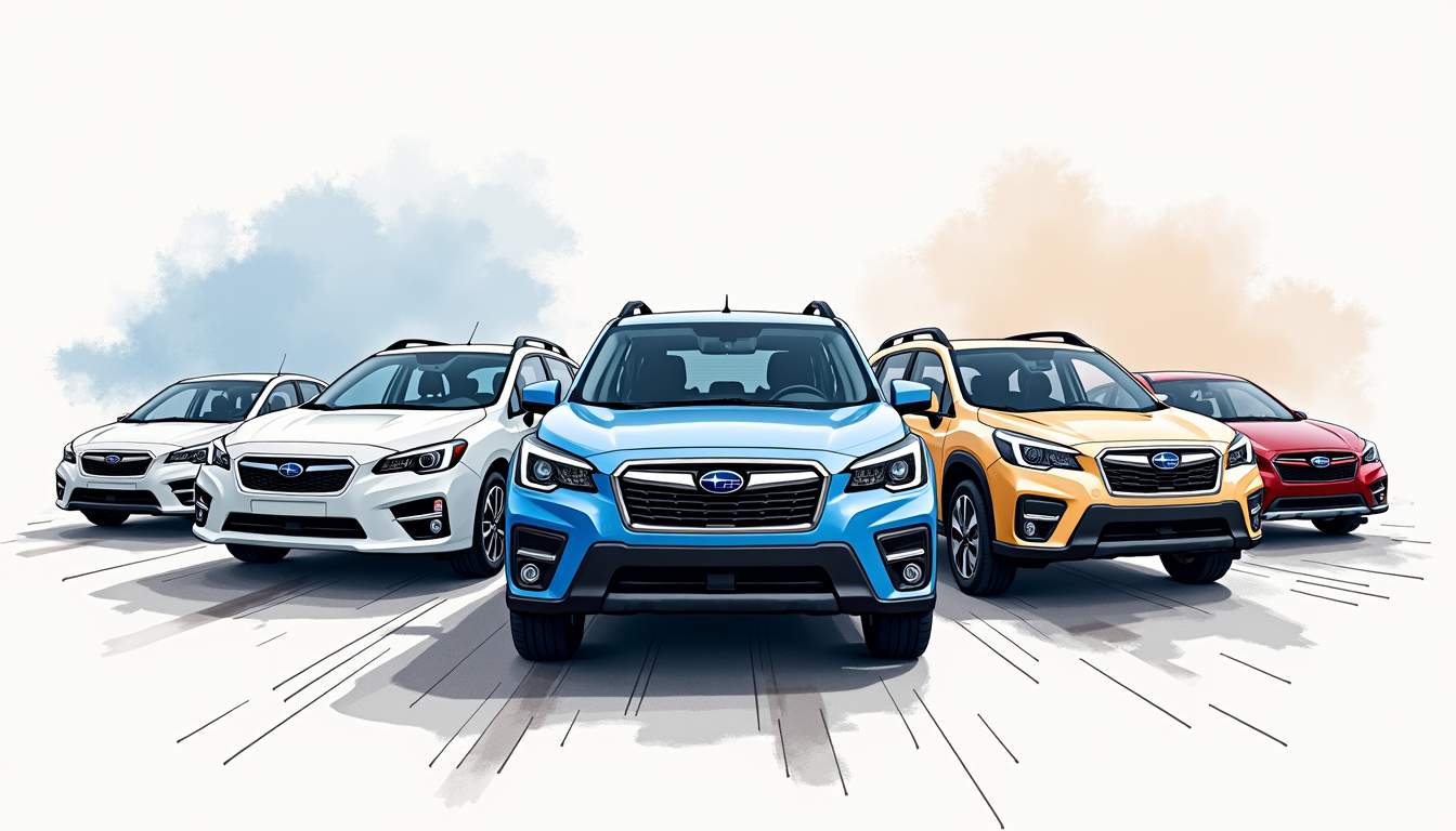 a stylized collage featuring various Subaru front-end designs through the years, highlighting their unique headlights, grilles, and overall shapes, set against a dynamic backdrop that conveys a sense of speed and adventure, hand-drawn abstract illustration for a company blog, white background, professional, minimalist, clean lines, faded colors