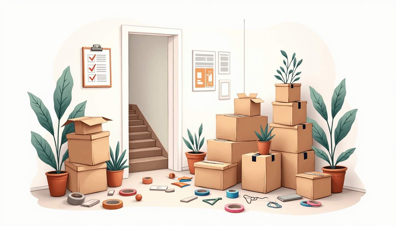 a chaotic moving scene featuring stacked cardboard boxes, a tangled mess of packing tape, and a checklist with items being crossed off, all set against a backdrop of a partially packed room, hand-drawn abstract illustration for a company blog, white background, professional, minimalist, clean lines, faded colors