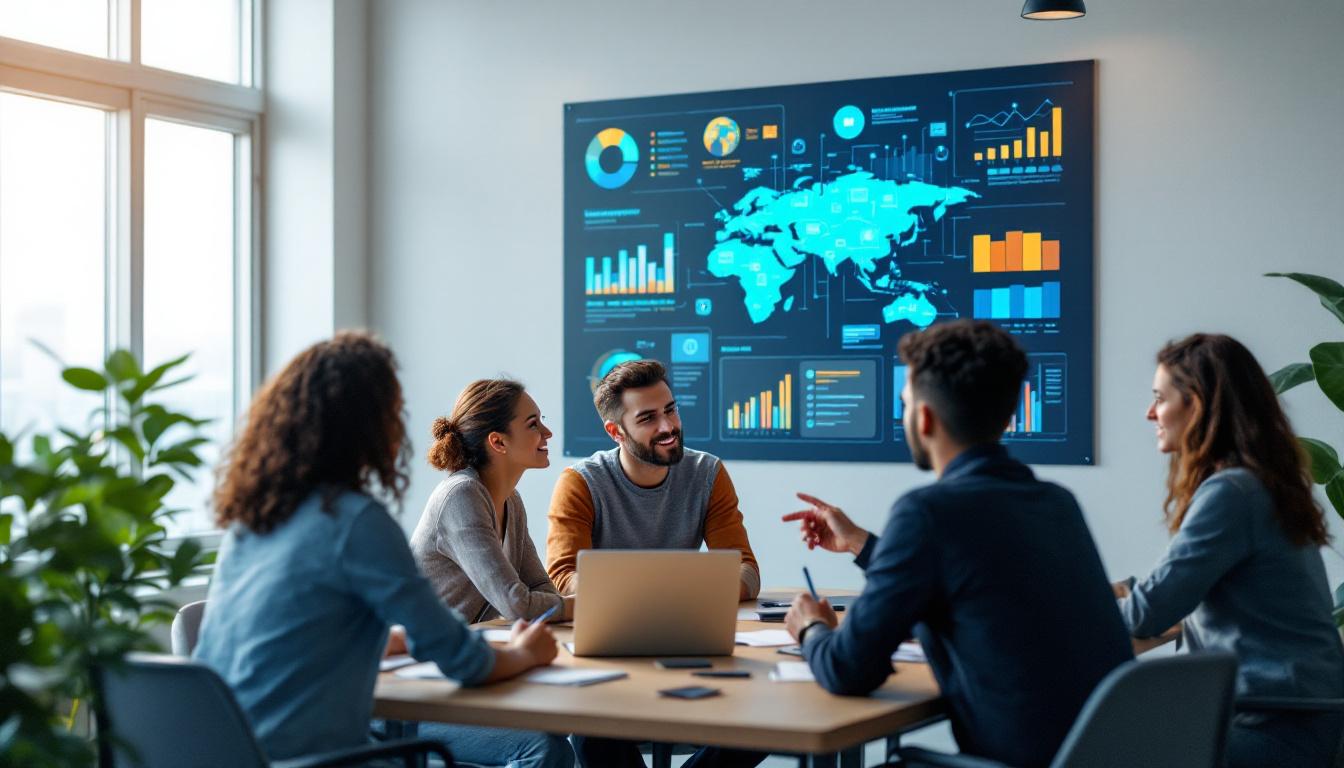 Markedsføringsteam som diskuterer fordeler med å bruke KI foran store dashboards med globale analyser og datavisualisering.