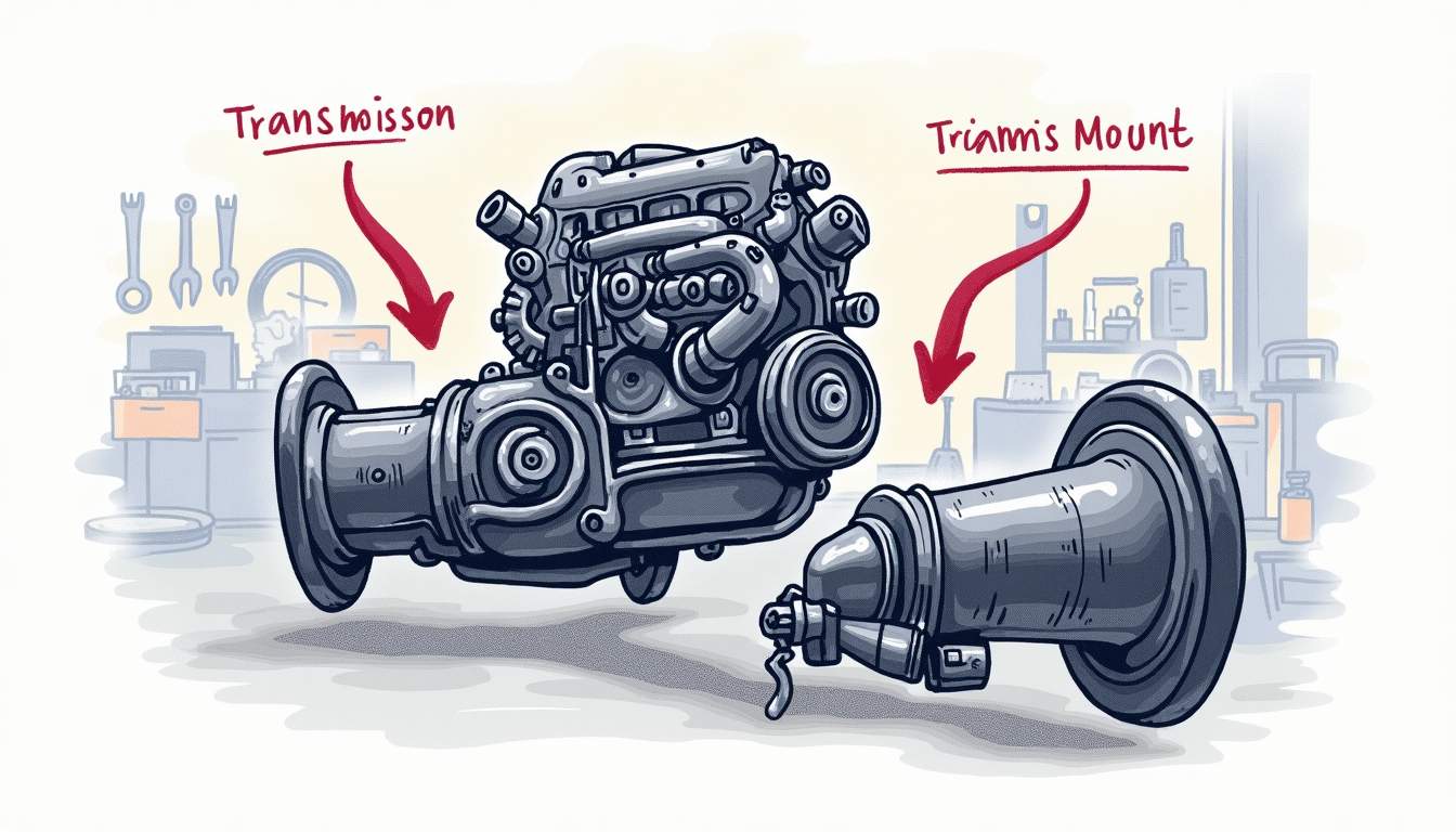 an engine and transmission assembly being lifted out of a vehicle, highlighting the engine and transmission mounts with arrows pointing to the worn or damaged areas, set against a garage backdrop filled with tools and automotive parts, hand-drawn abstract illustration for a company blog, white background, professional, minimalist, clean lines, faded colors