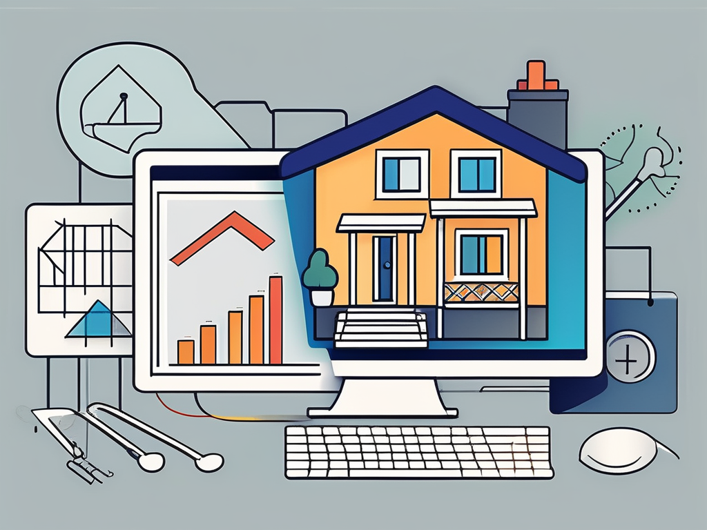 a computer screen displaying a Zillow interface with various tools and charts, a price tag with a house symbol, and a chat bubble symbolizing interaction with potential buyers, hand-drawn abstract illustration for a company blog, white background, professional, minimalist, clean lines, faded colors