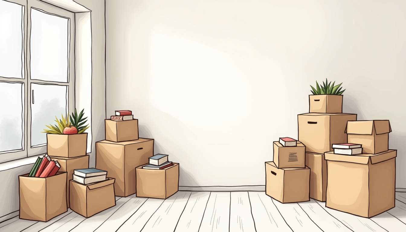 an open room filled with neatly stacked, labeled boxes in various sizes, with a few boxes slightly tilted to reveal organized contents like kitchen items, books, and decor, all set against a backdrop of light, airy walls and a window letting in natural light, hand-drawn abstract illustration for a company blog, white background, professional, minimalist, clean lines, faded colors