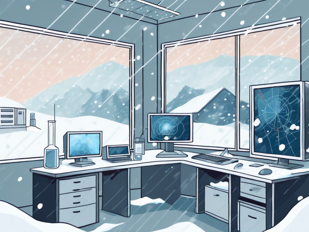 a research lab with various scientific tools and equipment, with a window showing snow falling outside, and a computer screen displaying a snow prediction model, hand-drawn abstract illustration for a company blog, white background, professional, minimalist, clean lines, faded colors