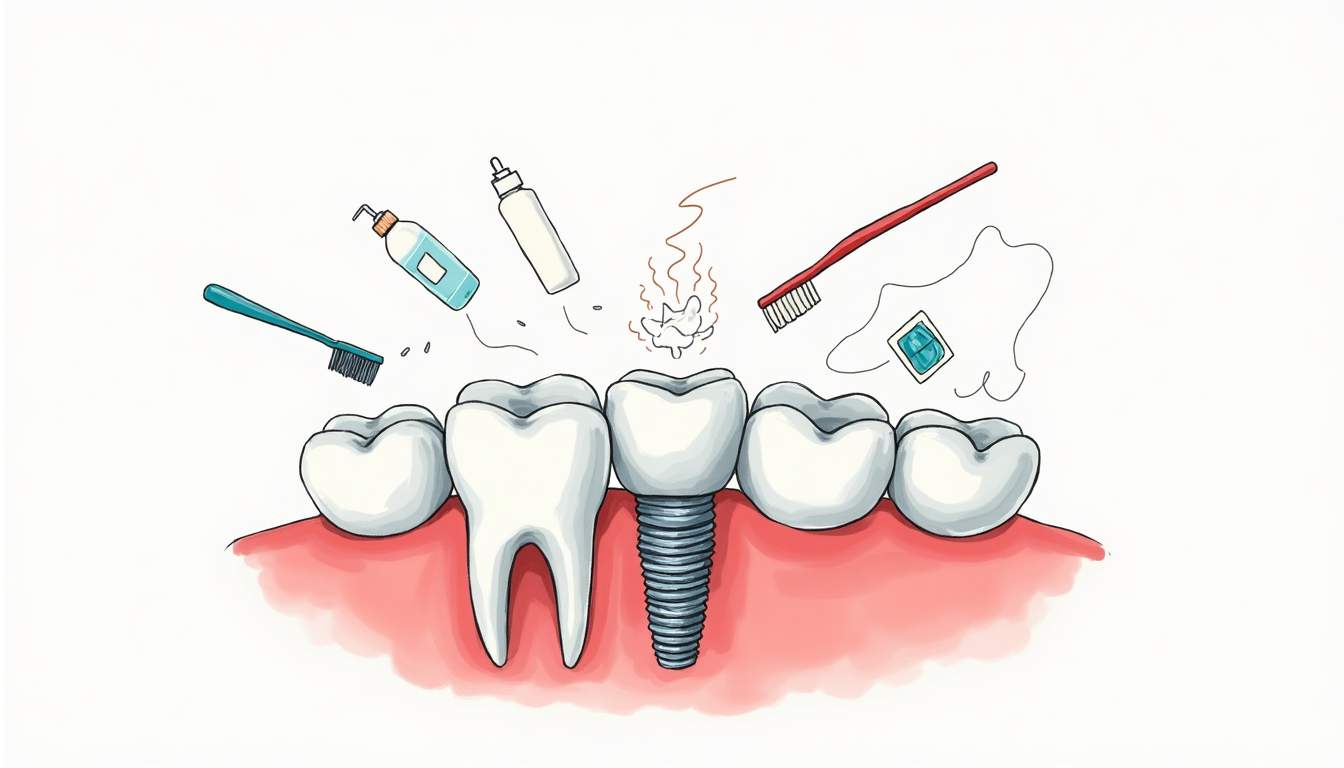 an anatomical view of a dental implant surrounded by healthy gum tissue, showcasing proper alignment and care tools like a toothbrush, dental floss, and a mouth rinse bottle to emphasize oral hygiene practices, hand-drawn abstract illustration for a company blog, white background, professional, minimalist, clean lines, faded colors