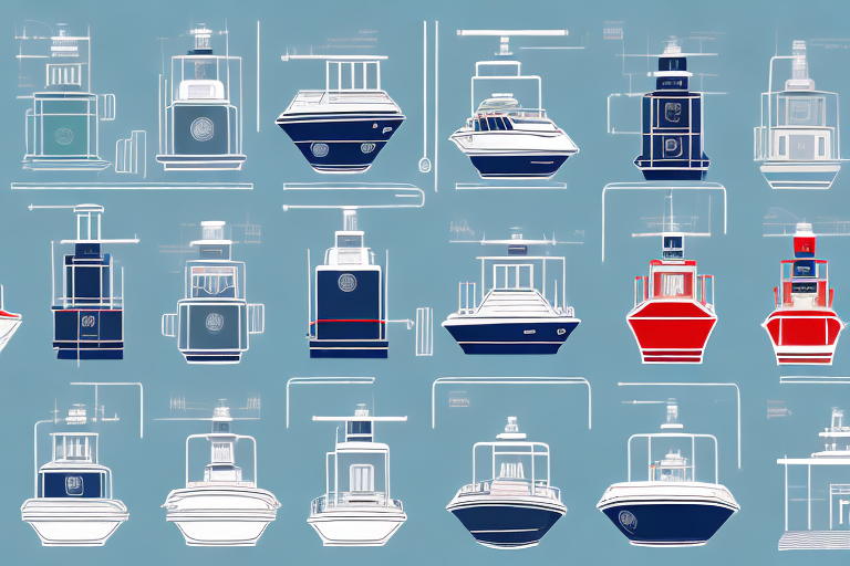 a variety of automatic bilge pumps displayed on a boat deck, emphasizing different sizes and types, with a clear focus on the features that make them suitable for different types of boats, hand-drawn abstract illustration for a company blog, in style of corporate memphis, faded colors, white background, professional, minimalist, clean lines
