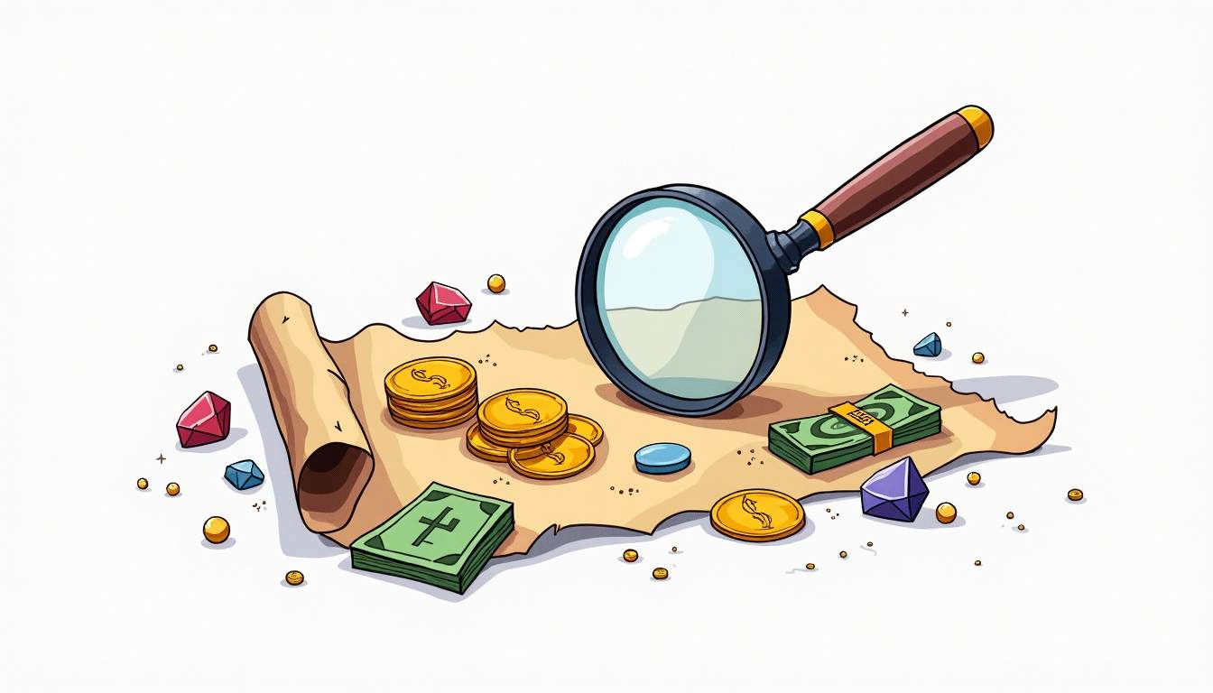 an abstract representation of a magnifying glass hovering over a treasure map filled with various symbols of wealth, such as coins, gems, and stacks of cash, to symbolize the search for profitable deals, hand-drawn abstract illustration for a company blog, white background, professional, minimalist, clean lines, faded colors