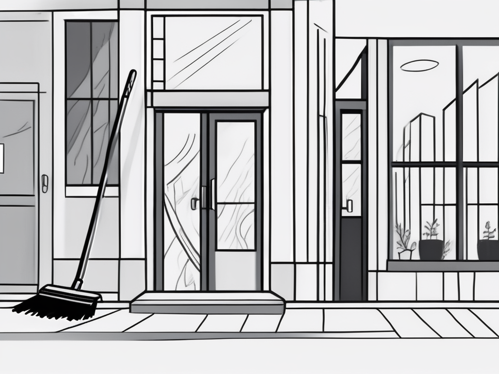 two storefronts, representing different local businesses, connected by a symbolic bridge or pathway, with a broom and mop at one end, signifying the cleaning leads, hand-drawn abstract illustration for a company blog, white background, professional, minimalist, clean lines, black and white