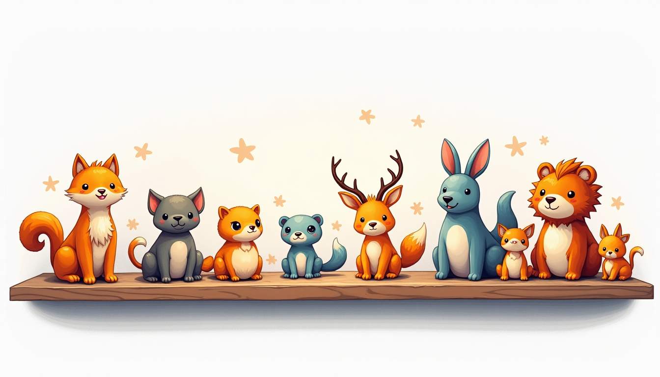 a vibrant display of various miniature animal figurines arranged on a colorful shelf, showcasing their intricate details and unique characteristics, with a soft, inviting background that emphasizes their charm as collectibles, hand-drawn abstract illustration for a company blog, white background, professional, minimalist, clean lines, faded colors