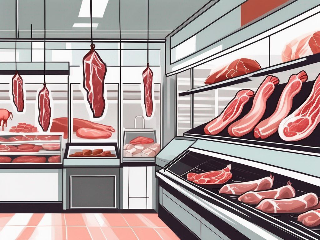 a traditional butcher shop with various cuts of meat hanging in the display window, contrasted with a sterile, impersonal supermarket meat aisle, hand-drawn abstract illustration for a company blog, white background, professional, minimalist, clean lines, faded colors