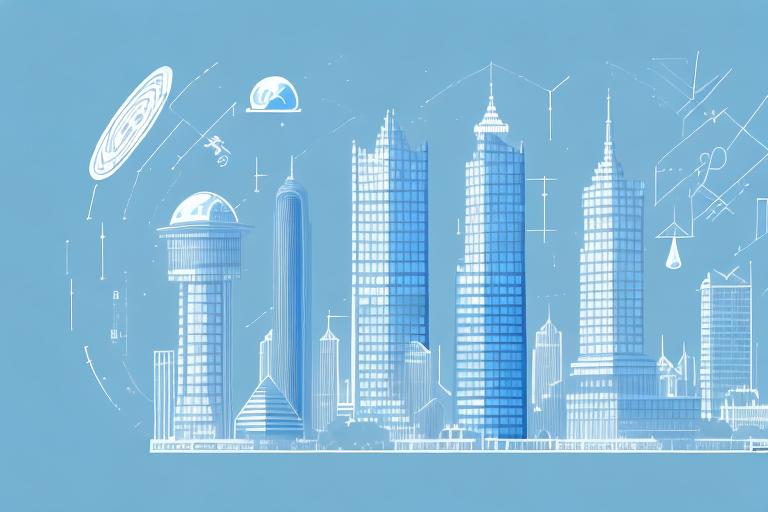 a small building labeled as a small business, equipped with various technological tools such as servers, satellites, and computers, standing strong against a backdrop of larger, towering skyscrapers representing industry giants, hand-drawn abstract illustration for a company blog, in style of corporate memphis, faded colors, white background, professional, minimalist, clean lines