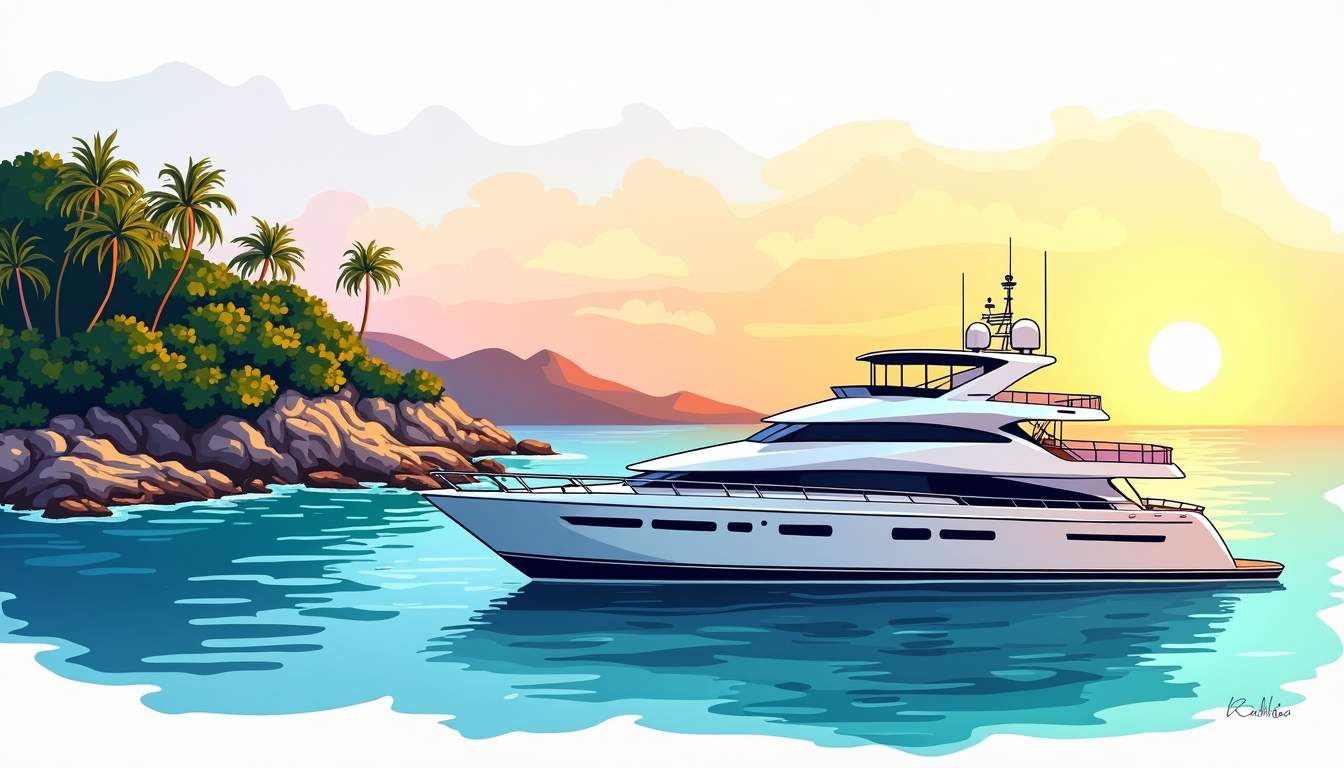 a luxurious yacht anchored in the stunning bay of Puerto Vallarta, surrounded by vibrant tropical scenery, with the sun setting in the background, highlighting the opulence of the vessel and the serene beauty of the coastal landscape, hand-drawn abstract illustration for a company blog, white background, professional, minimalist, clean lines, faded colors
