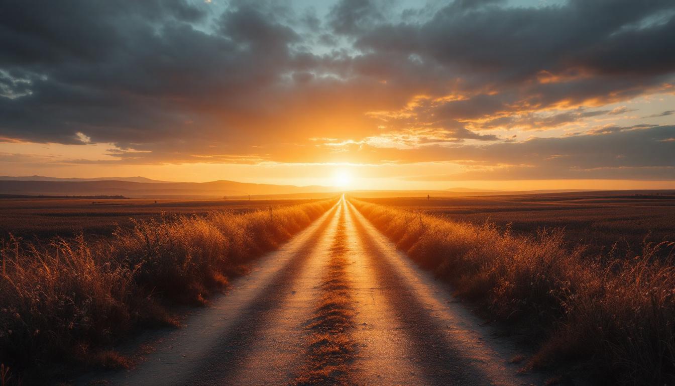 Lang vei mot horisonten i solnedgang som symboliserer strategisk retning og langsiktig verdiskaping i verdivurdering.