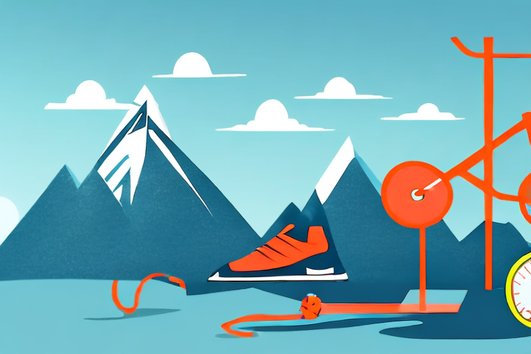 a triathlon scene, featuring a bicycle, running shoes, and a swimming cap and goggles, placed on a mountain peak to symbolize reaching the pinnacle of mental and physical excellence, hand-drawn abstract illustration for a company blog, in style of corporate memphis, faded colors, white background, professional, minimalist, clean lines