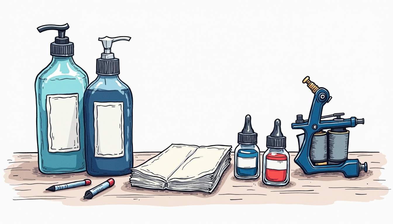 a well-organized tattoo station featuring essential equipment such as a sterilized tattoo machine, ink bottles, disposable needles, gloves, and a clean work surface, all arranged neatly to emphasize cleanliness and compliance with health standards, hand-drawn abstract illustration for a company blog, white background, professional, minimalist, clean lines, faded colors