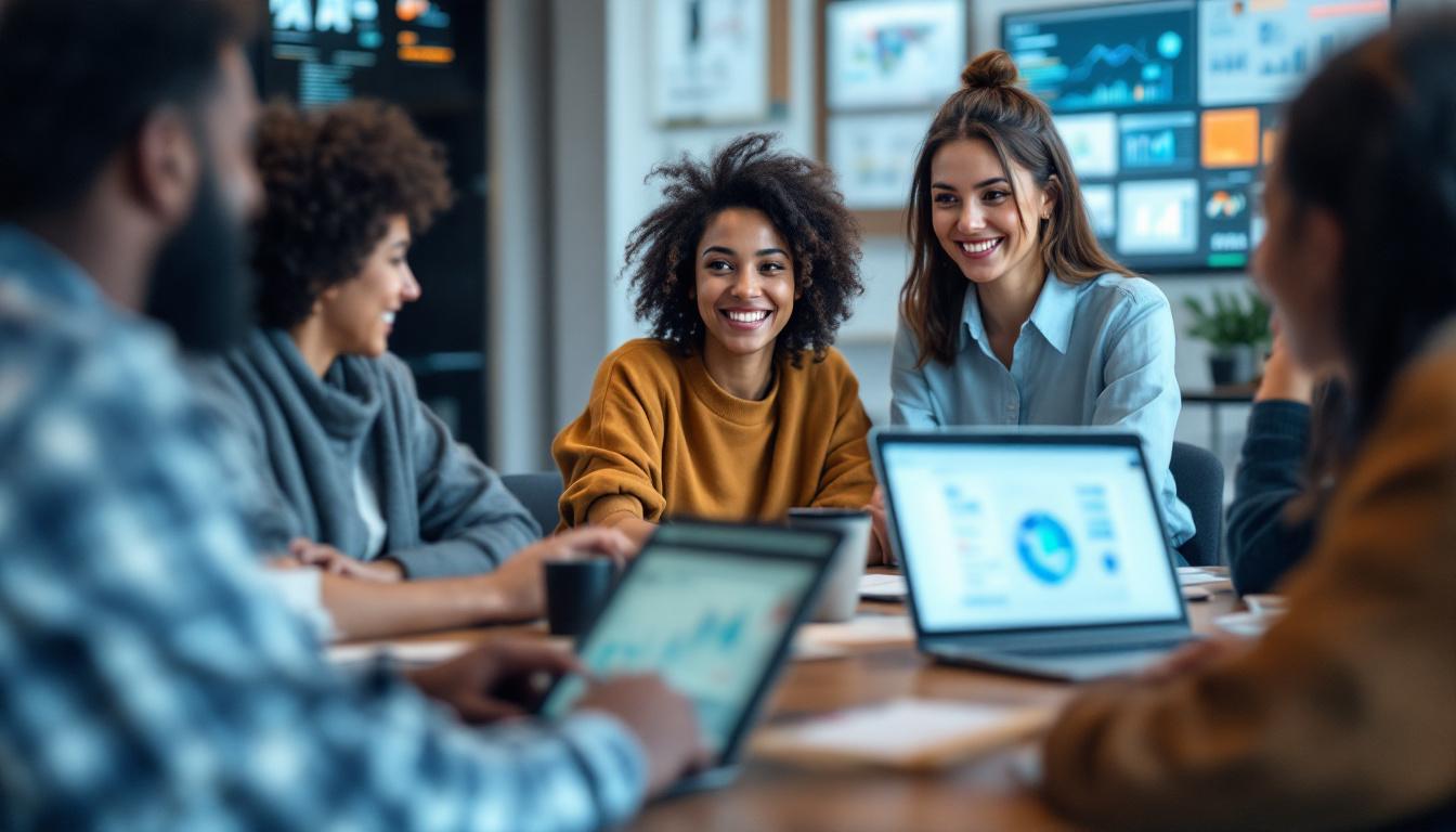 Team som samarbeider om data, analyser og kunstig intelligens i moderne arbeidsmiljø