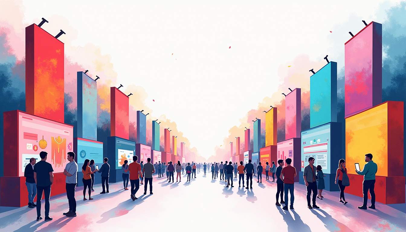 an engaging scene that depicts a vibrant event space filled with dynamic visual elements like colorful banners, interactive displays, and storytelling props that symbolize various brand narratives intertwining to create an immersive atmosphere, hand-drawn abstract illustration for a company blog, white background, professional, minimalist, clean lines, faded colors