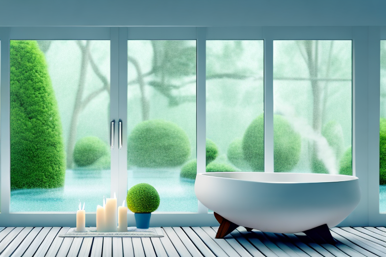 a serene spa bath setting complete with candles, essential oils, fluffy towels, and a view of a tranquil garden through an open window, hand-drawn abstract illustration for a company blog, in style of corporate memphis, faded colors, white background, professional, minimalist, clean lines