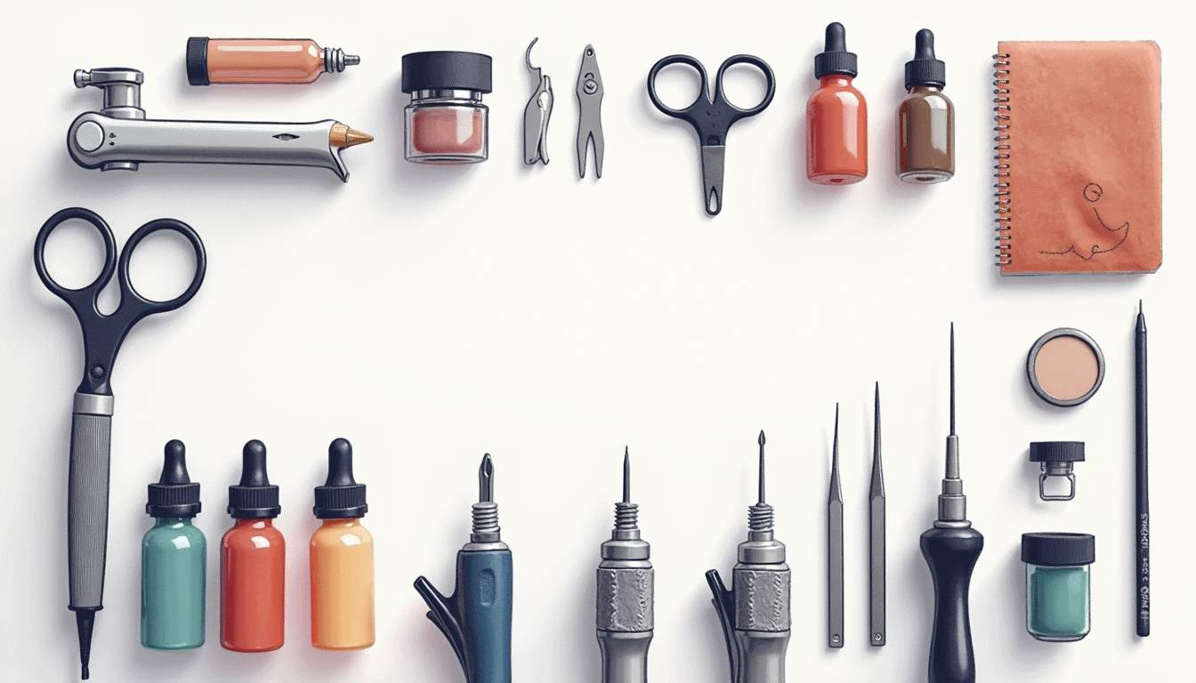 an organized toolkit featuring essential scalp micropigmentation tools such as tattoo machines, pigment bottles, needles, and skin swatches, all set against a clean, professional backdrop, hand-drawn abstract illustration for a company blog, white background, professional, minimalist, clean lines, faded colors