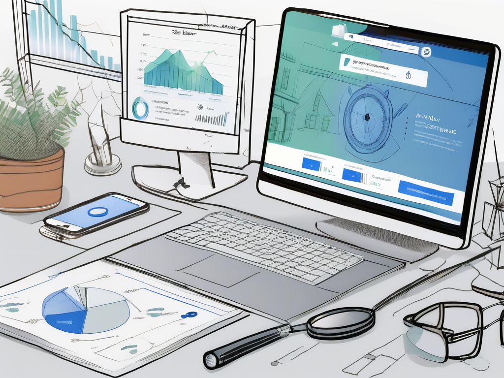 a computer screen displaying the Zillow website, with a focus on the price tools and listing performance graphs, surrounded by symbolic elements like a magnifying glass, compass, and a key to represent navigation and unlocking potential, hand-drawn abstract illustration for a company blog, white background, professional, minimalist, clean lines, faded colors