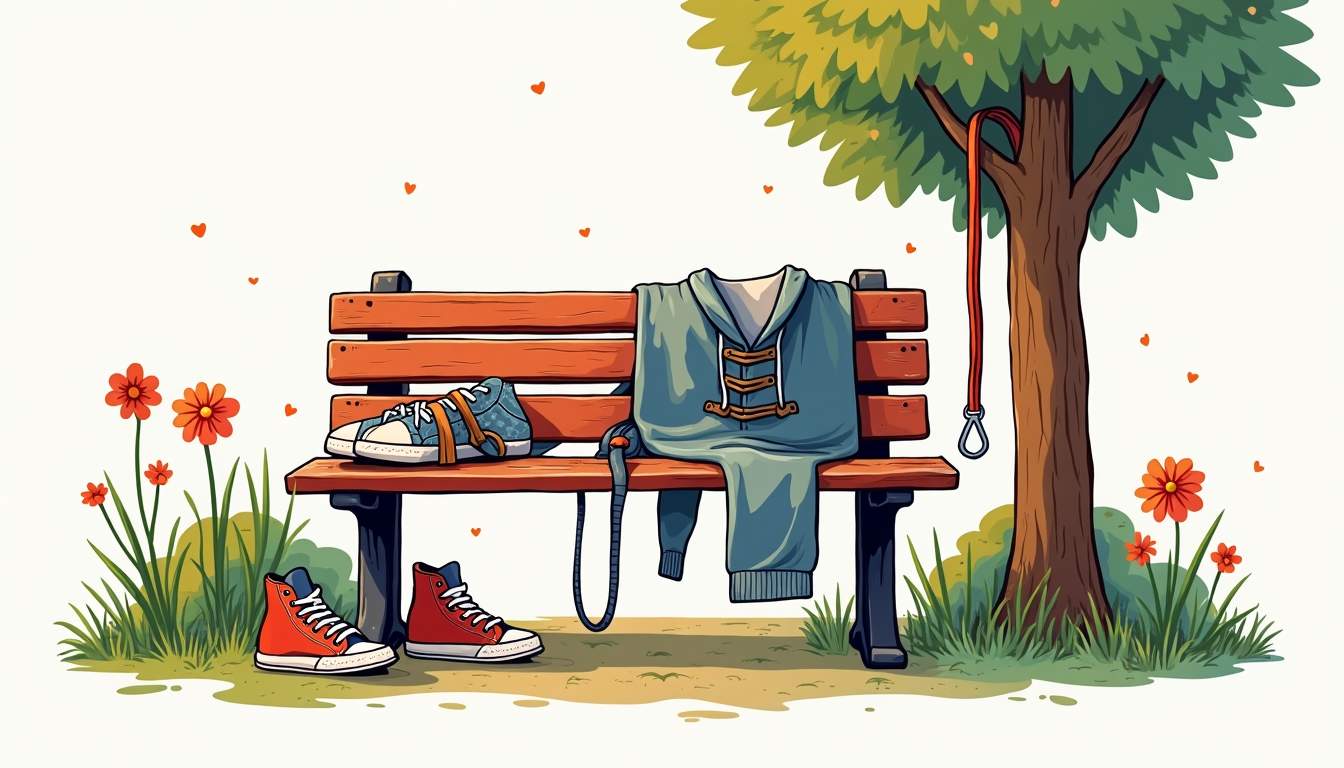 a stylish dog walking outfit featuring a pair of trendy sneakers, a cozy hoodie draped over a park bench, and a colorful assortment of leashes hanging from a nearby hook, all set against a vibrant outdoor park background, hand-drawn abstract illustration for a company blog, white background, professional, minimalist, clean lines, faded colors