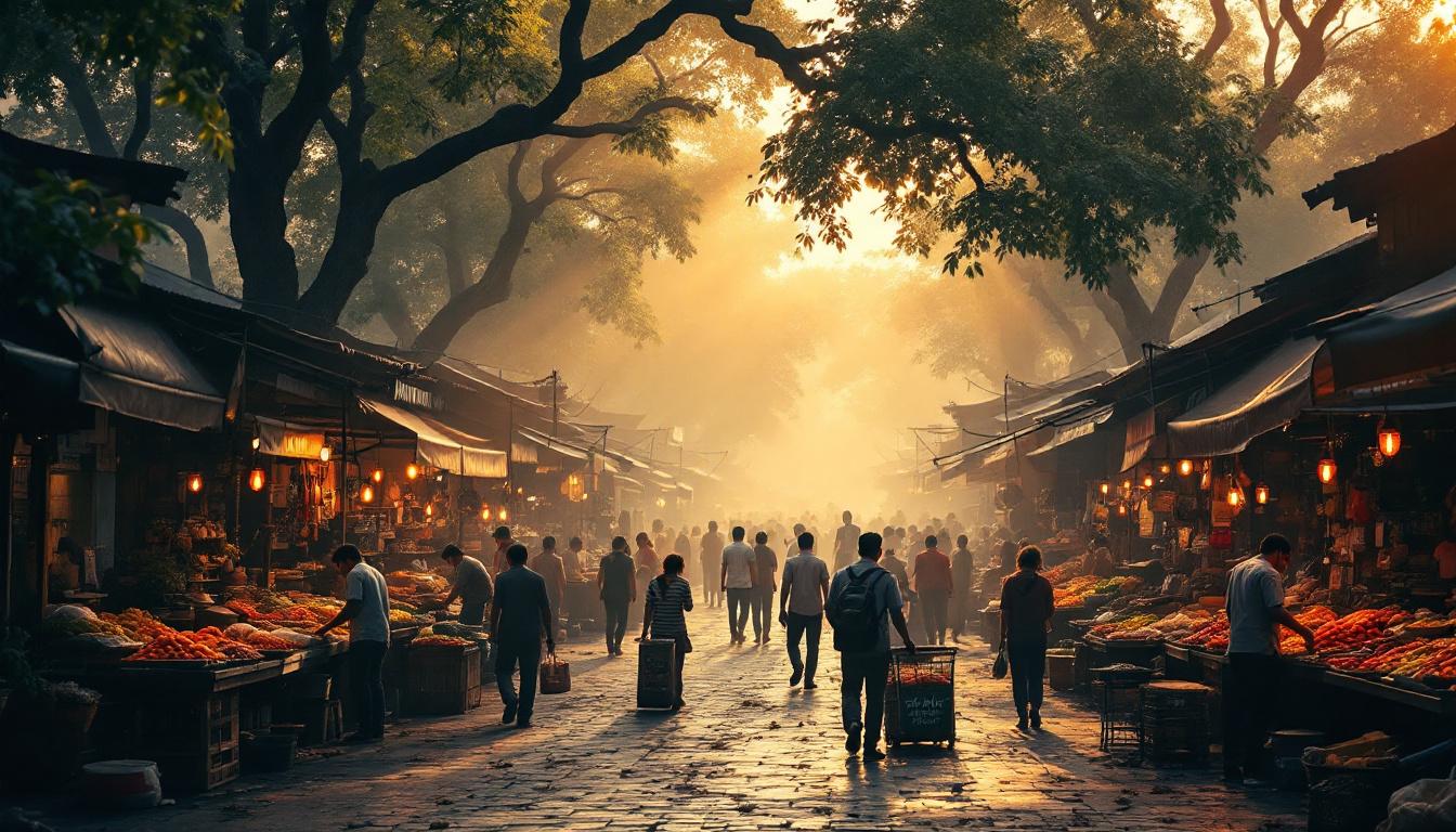 Et travelt marked i morgensol med folk som handler og selgere som tilbyr varene sine – en visuell metafor for mangfoldet og dynamikken i markedet for bedrifter til salgs hos NBM.no.