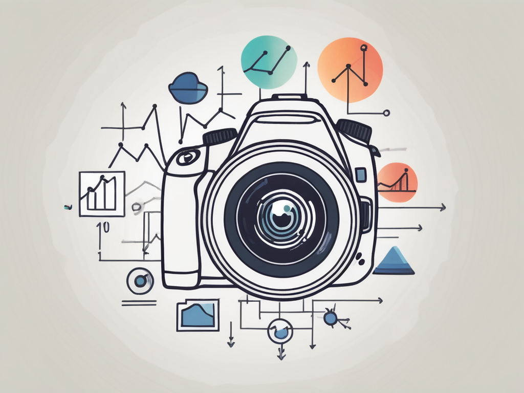 a camera with various analytic icons (like graphs, charts, and data points) emerging from its lens, symbolizing the concept of analyzing a photographer's client base, hand-drawn abstract illustration for a company blog, white background, professional, minimalist, clean lines, faded colors