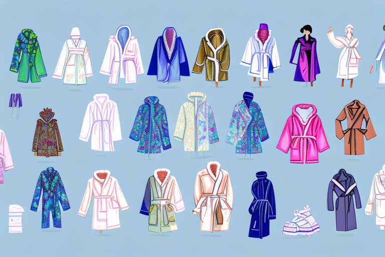 various styles of dressing gowns, paired with different clothing items and accessories, laid out in a creative and visually appealing manner, hand-drawn abstract illustration for a company blog, in style of corporate memphis, faded colors, white background, professional, minimalist, clean lines