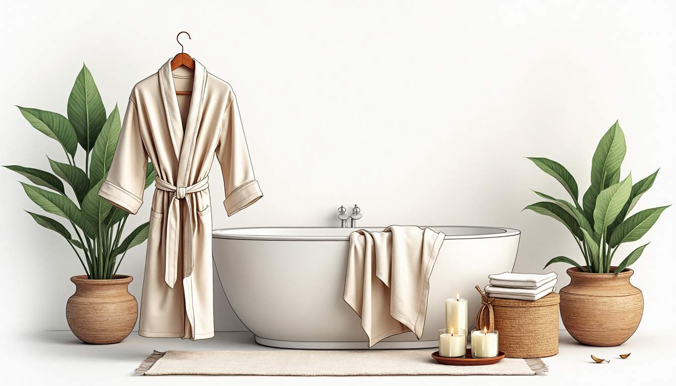 a beautifully draped handmade cotton robe displayed in a serene, stylish bathroom setting, surrounded by elegant decor elements like plants, candles, and soft textiles that evoke a sense of luxury and comfort, hand-drawn abstract illustration for a company blog, white background, professional, minimalist, clean lines, faded colors