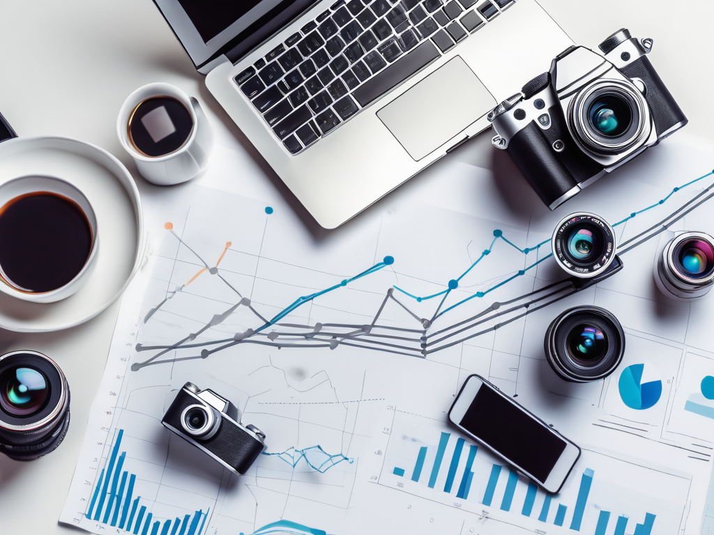 a camera strategically placed on a marketing chart with various modern marketing tools like social media icons, SEO symbols, and digital devices, reflecting the integration of photography in modern marketing strategies, hand-drawn abstract illustration for a company blog, white background, professional, minimalist, clean lines, faded colors