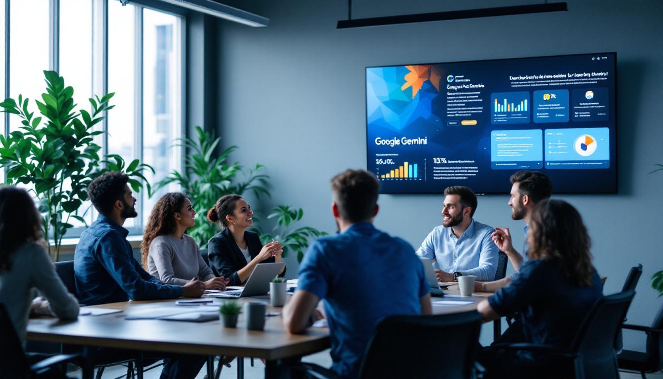 Team i møte som gjennomgår innsikt og analyser fra Google Gemini i strategisk beslutningsarbeid