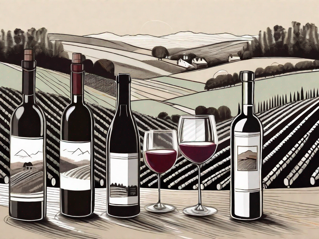 a variety of wine bottles, a corkscrew, and a wine glass, with vineyard landscapes in the background, hand-drawn abstract illustration for a company blog, white background, professional, minimalist, clean lines, faded colors