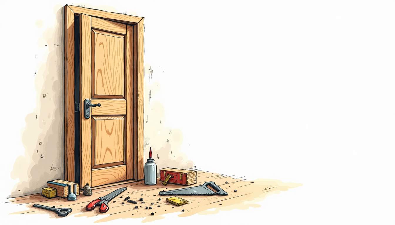 a detailed wooden door with a focus on its hinges and handle, showcasing various carpentry tools and materials scattered around, such as a saw, wood glue, and screws, to emphasize the repair process, hand-drawn abstract illustration for a company blog, white background, professional, minimalist, clean lines, faded colors